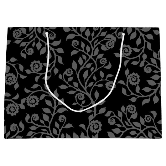 Elegante Bloem Arabesken Patroon Zwart Grijs Groot Cadeauzakje (Voorkant)