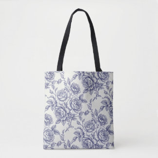 Elegante bloem blauwe crème rozen Toile de Jouy Tote Bag
