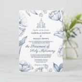 Elegante bloem blauwe kerk nuptiale mis bruiloft kaart (Staand voorkant)