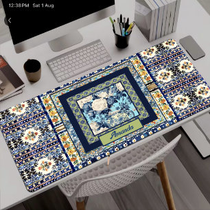 Elegante bloem blauwe tegel chinoiserie monogram b bureaumat