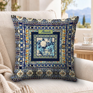 Elegante bloem blauwe tegel chinoiserie monogram b kussen