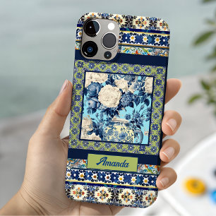 Elegante bloem blauwe tegel chinoiserie monogram iPhone 15 case