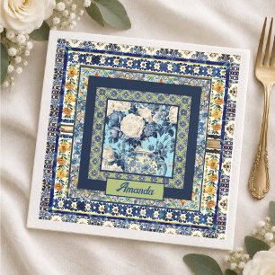 Elegante bloem blauwe tegel chinoiserie monogram n servet