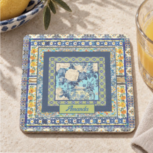 Elegante bloem blauwe tegel chinoiserie monogram n stenen onderzetter