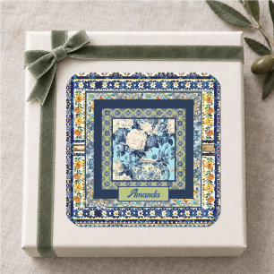 Elegante bloem blauwe tegel chinoiserie monogram n vierkante sticker
