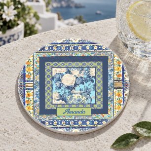 Elegante bloem blauwe tegel chinoiserie monogram zandsteen onderzetter