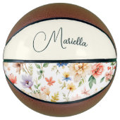 Elegante Bloem Boho Waterverf Script Naam Basketbal (Voorkant)