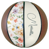 Elegante Bloem Boho Waterverf Script Naam Basketbal (Verticaal)