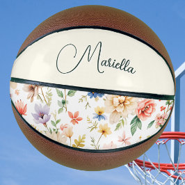 Elegante Bloem Boho Waterverf Script Naam Basketbal