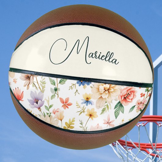 Elegante Bloem Boho Waterverf Script Naam Basketbal