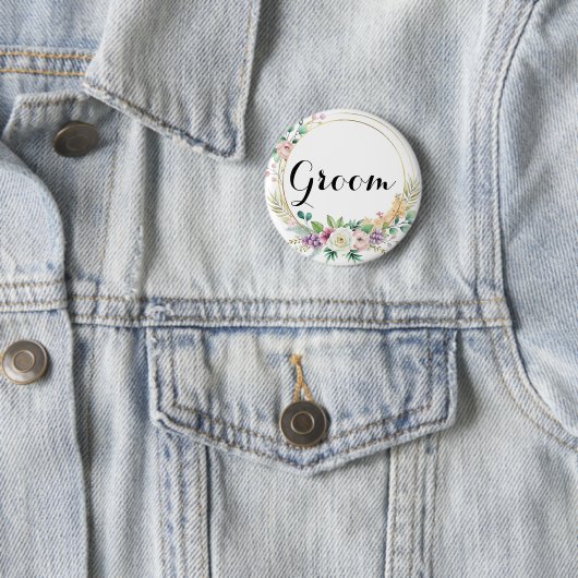 Elegante bloem bruidegom knoop – Aangepaste tekst Ronde Button 5,7 Cm (In situ)