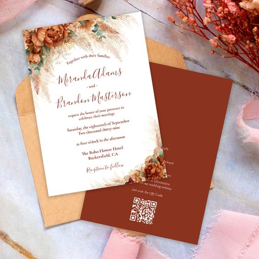 Elegante Bloem Calligrafie QR CodeBoho Bruiloft Kaart