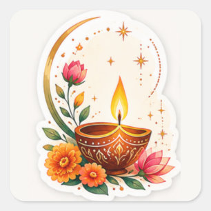 Elegante Bloem Diya Diwali Vierkante Sticker