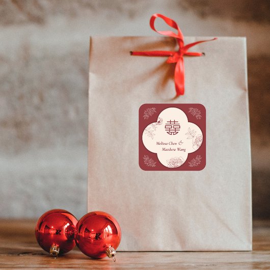 Elegante Bloem Dubbele Xi Chinese Bruiloft Vierkante Sticker