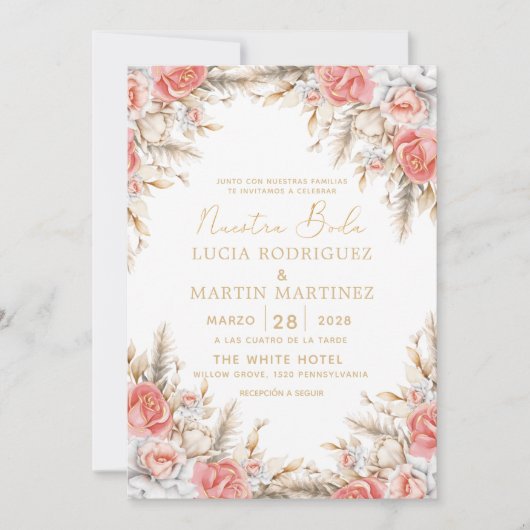 Elegante bloem- en blad-Spaanse Nuestra Boda Kaart (Voorkant)