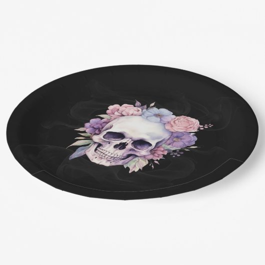 Elegante Bloem- en Schedel-Gotische Halloween-fees Papieren Bordje (Gekanteld)
