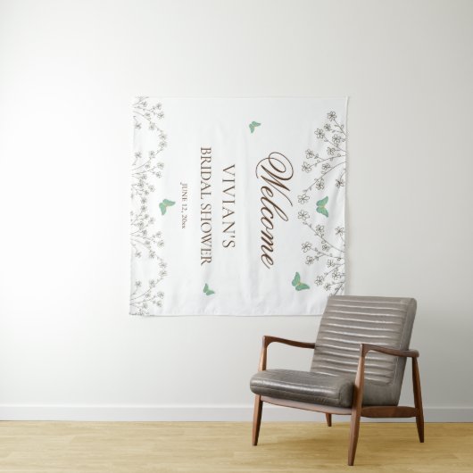 Elegante bloem- en vlinder bruidsdouche welkom wandkleed (In Situ (horizontaal))