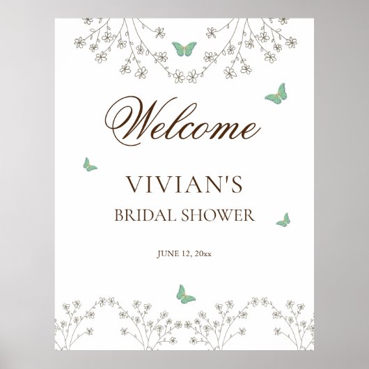 Elegante bloem- en vlinder bruiloftsshower welkom poster (Voorkant)