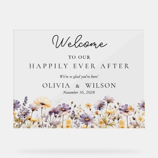 Elegante bloem gelukkig ooit na bruiloft welkom acryl bord (Voorkant)
