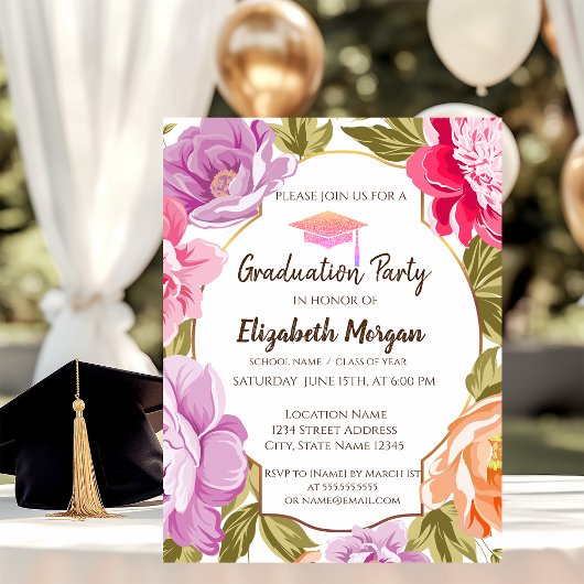 Elegante bloem, glinsterende afstudeerhoed kaart