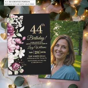 Elegante Bloem Goud 44 Verjaardagsfoto Kaart