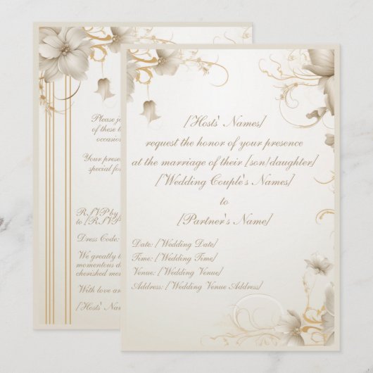 Elegante Bloem Goud Chique Gala uitnodiging (Voorkant / Achterkant)