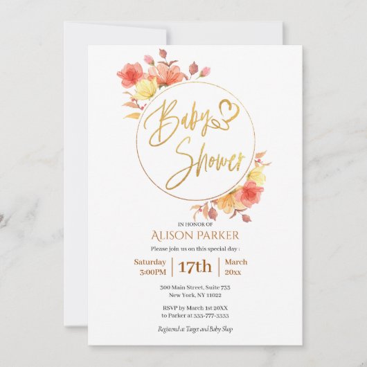 Elegante Bloem Gouden Script Waterverf Baby Shower Kaart (Voorkant)
