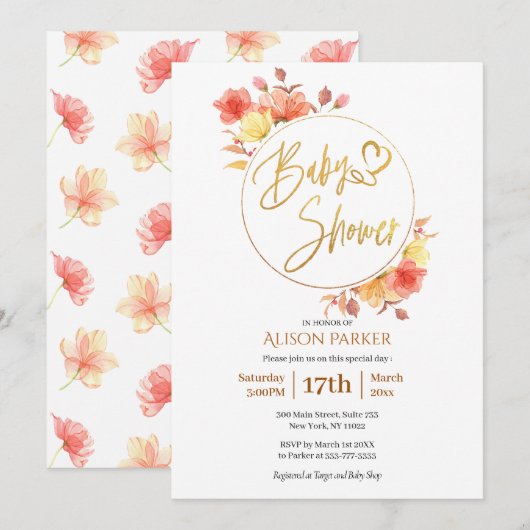 Elegante Bloem Gouden Script Waterverf Baby Shower Kaart (Voorkant / Achterkant)