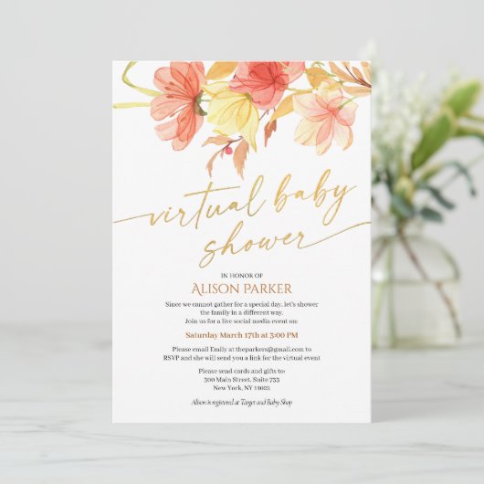 Elegante Bloem Gouden Script Waterverf Virtueel Kaart (Staand voorkant)