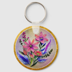Elegante Bloem I Waterverf Roze en Paarse Bloem Sleutelhanger