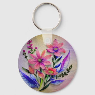 Elegante Bloem I Waterverf Roze en Paarse Bloem Sleutelhanger