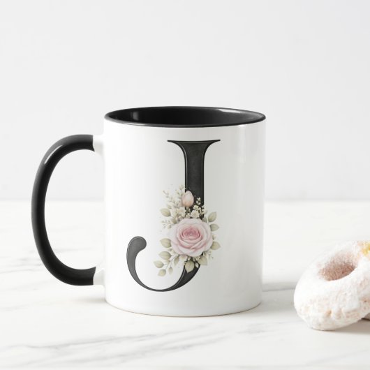 Elegante Bloem Letter J Monogram Logo Mok (Met donut)