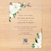 Elegante Bloem Magnolia QR Code Trouwdag Acryl Uitnodigingen (Voorkant)