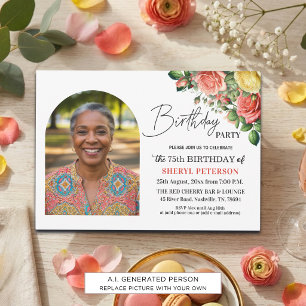 Elegante bloem met foto 75ste verjaardagsfeest kaart