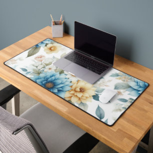 Elegante bloem pastelblauw en geel op wit bureaumat