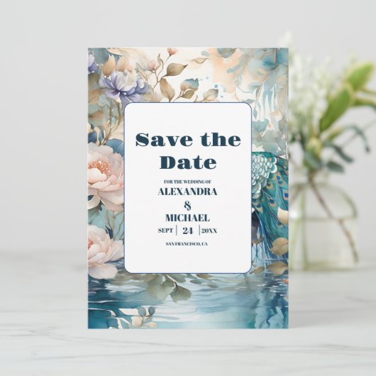 Elegante Bloem Pauw Chinoiserie Bruiloft Save The Date (Staand voorkant)