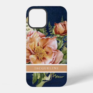 Elegante bloem peony roze burgundy marineblauw hou iPhone 12 hoesje