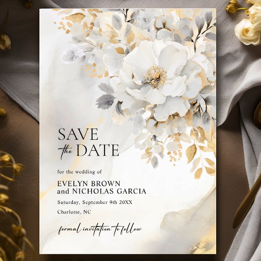 Elegante Bloem Pioen Goud Grijs Zwart Bruiloft Save The Date
