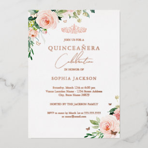 Elegante Bloem Roze Gouden Foto Quinceanera Folie Uitnodiging