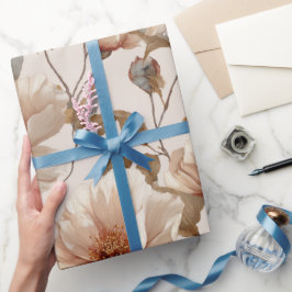 Elegante Bloem Roze Ivoor Bloemmotief Cadeaupapier