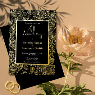 Elegante bloem schets frame zwart goud bruiloft folie uitnodiging