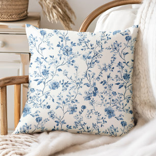 Elegante bloem toile blauw wit vintage stijl kussen