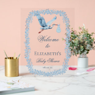Elegante bloem toile lijst blauwe ooievaar baby sh acryl bord