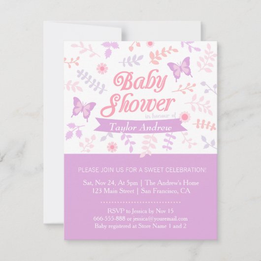 Elegante bloem vlinder babyshower uitnodigingen (Voorkant)