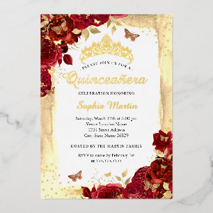 Elegante Bloem Vlinder Goud Rode Quinceanera Folie Uitnodiging