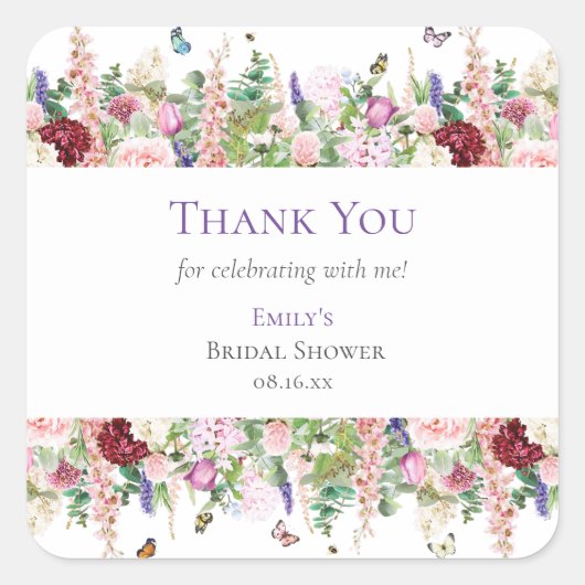 Elegante Bloem Vlinders Dank Je Wel Bruidsmeisje B Vierkante Sticker (Voorkant)