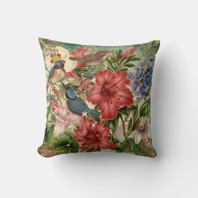 Elegante bloem, vogels, sierrand kussen (Voorkant)