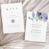 Elegante Bloem Waterverf Blauw Huwelijk Qr Code Kaart