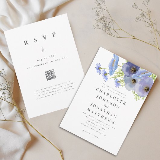 Elegante Bloem Waterverf Blauw Huwelijk Qr Code Kaart