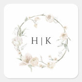 Elegante Bloem Waterverf Monogram Ronde Sticker (Voorkant)